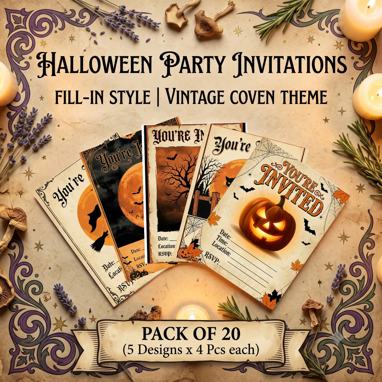 Classic & Halloween Party Invitations Set, 20 Pack 5x7 Inch Fill-In Cards with Envelopes, Perfect for Festive Celebrations