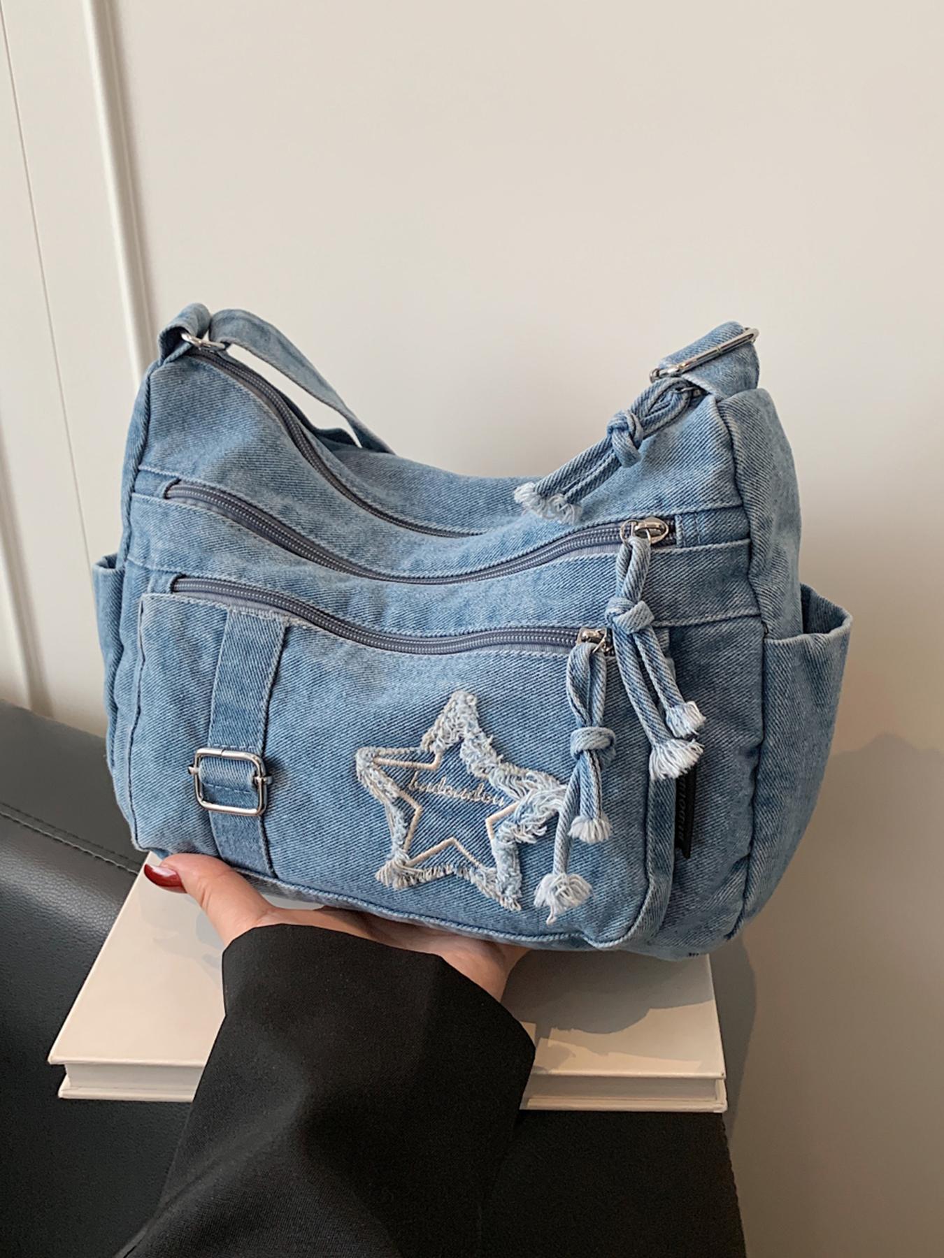 Casual retro texture Denim shoulder bag, Denim shoulder satchel, practical versatile crossbody bag, with multiple zippered pockets and a five pointed star pattern printed, suitable for commuting, shopping