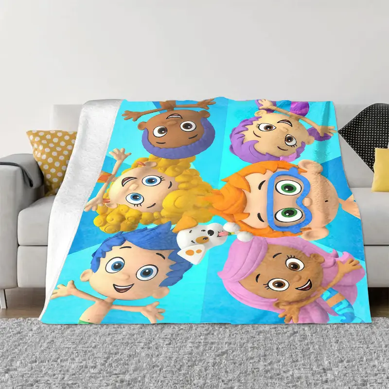 Blue Background Bubble Guppies Character Blanket Cute Cartoon Flannel Throw Blanket Lightweight Bed Rug Kids Birthday Gift Home Decoration