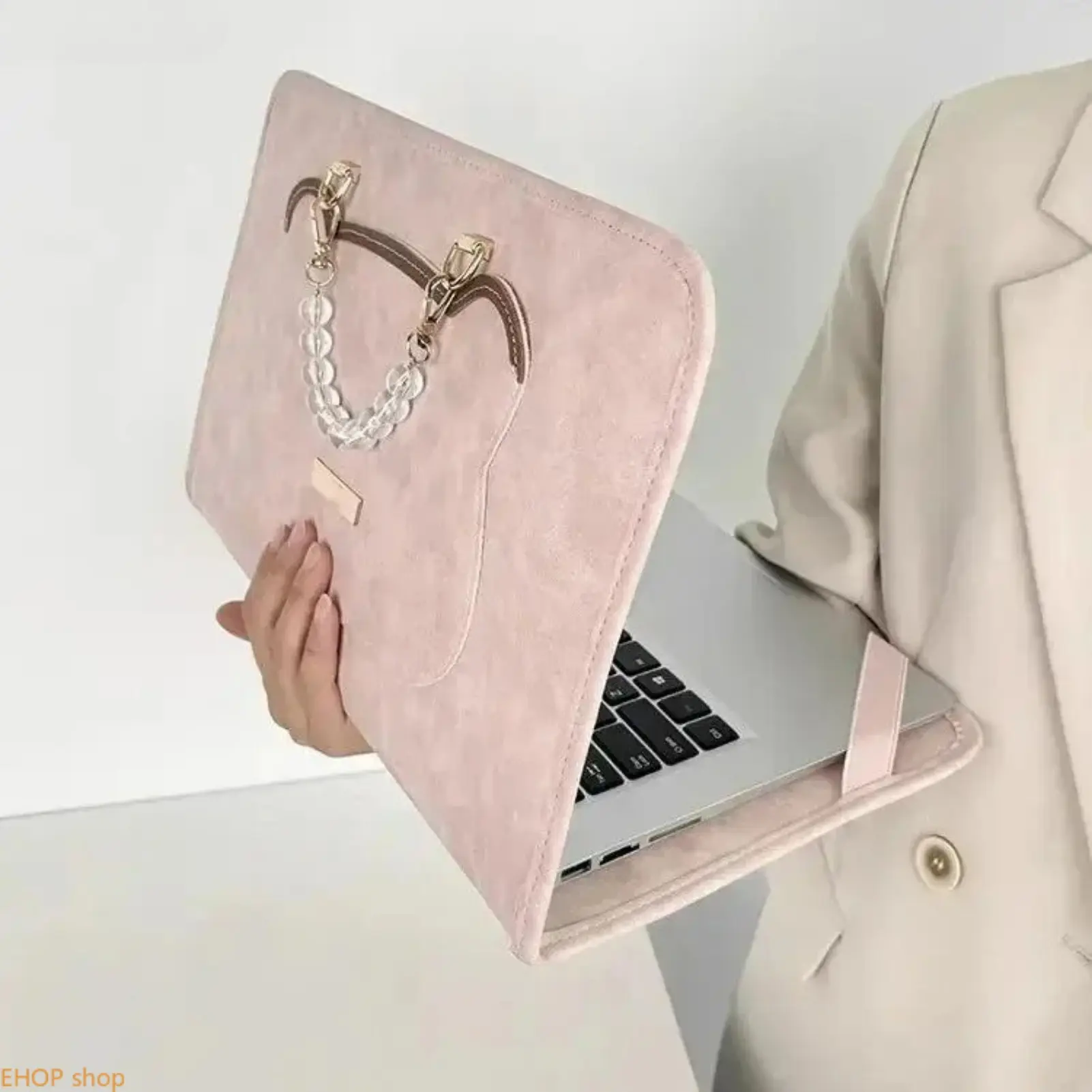 Faux Suede Laptop Sleeve Bag with Pearl Chain Handle Protective Notebook Carrying Case Lightweight Computer Cover Portable Laptop Organizer for Office School Work Commute Travel Business Trips Daily Use Stylish Fashion Laptop Accessory for Women Men