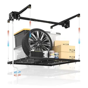 Garvee Adjustable Overhead Garage Storage Rack with Hand Crank - 4x4 ft Heavy-Duty Ceiling Mounted Shelf - 79" Max Height, 300 lbs Capacity, Matte Black, Ideal for Garage Organization -