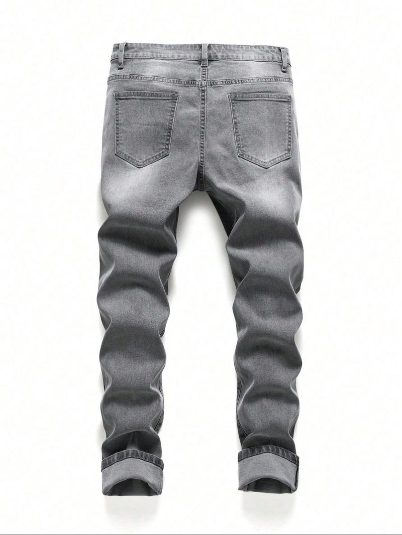Men's Regular Fit Solid Color Ripped Jeans, Casual Comfy Denim Pants for Daily Wear, Fashion Men's Bottoms for All Seasons