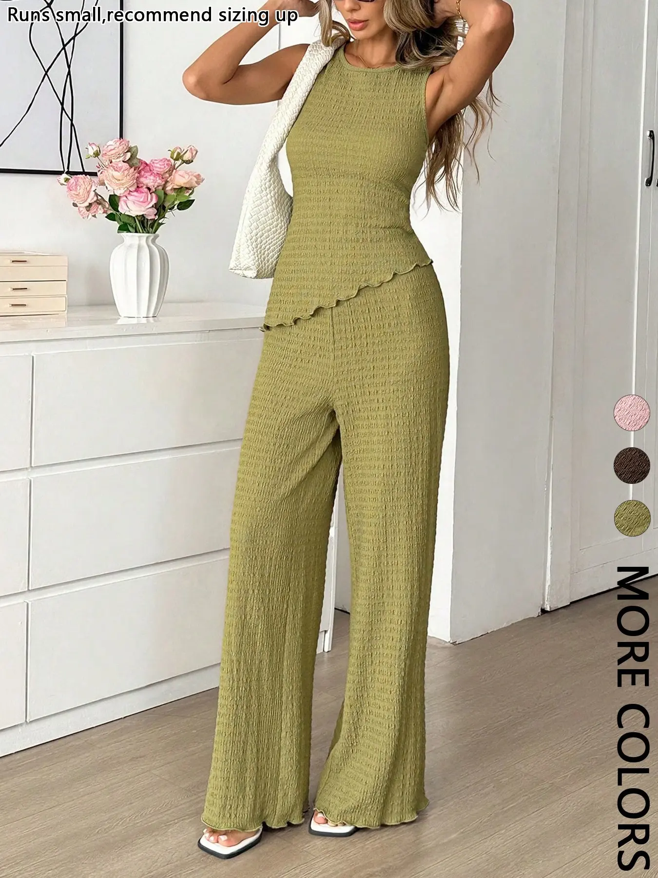Women's Casual Two-Piece Set, Round Neck Sleeveless Ruffle Top + Flowy Wide Leg Pants, Slim-Fitting Fashion Set, Plain Color Basic Outfits, Clothes