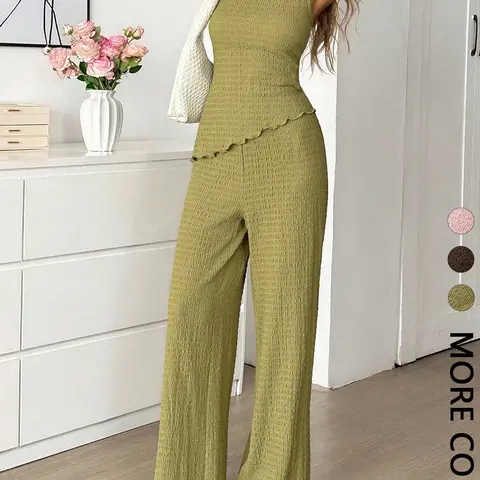 Women Casual Gathered Waist 2 Piece Set, Round Neck Ruffle Trim Top & Flowy Wide Leg Trousers, Versatile Matching Outfit for Daily and Commute Wear Pants