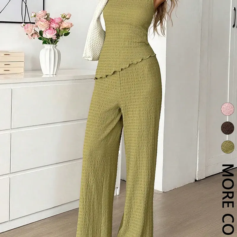 Women Casual Gathered Waist 2 Piece Set, Round Neck Ruffle Trim Top & Flowy Wide Leg Trousers, Versatile Matching Outfit for Daily and Commute Wear Pants