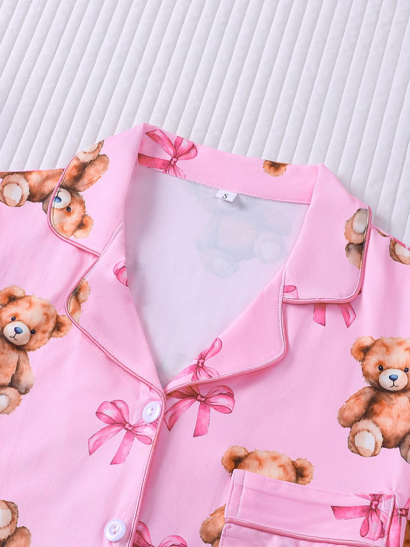 2 Piece Women's Pajamas Set, Pink Teddy Bear Bow Print Short Sleeve Sleepwear, Lapel Button Down Top with Pocket, Elastic Waist Shorts, Cute Cartoon Bear Comfy Loungewear for All Seasons, Daily Casual Homewear