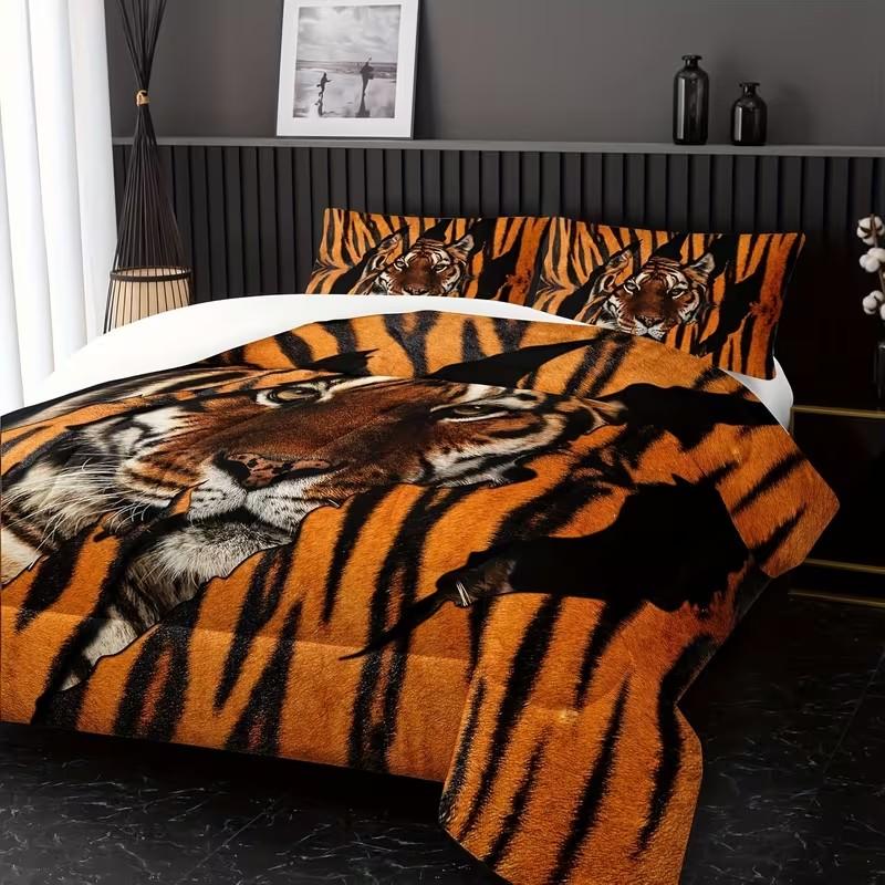 3-Piece Bedding Set, Soft Tiger Fur Quilted Comforter, Lightweight All-Season Animal Bedding, Includes 1 Quilt and 2 Pillowcases