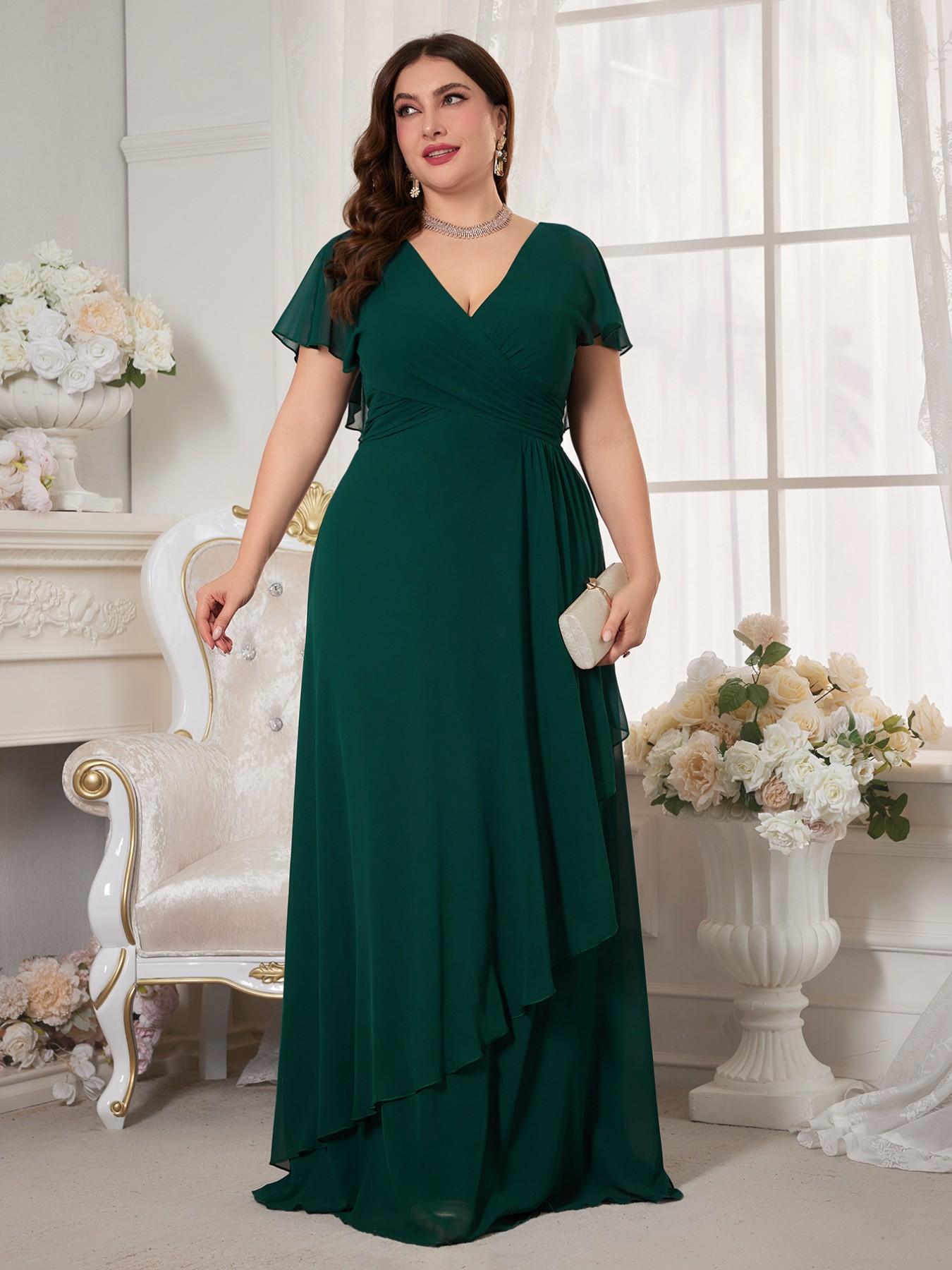 Elegant Chic V-Neck Chiffon Maxi Dress, Formal Plain Fitted Short Sleeve, Ruched Waist, Irregular Hem, Bridesmaid Gown Lady Womenswear for All Seasons