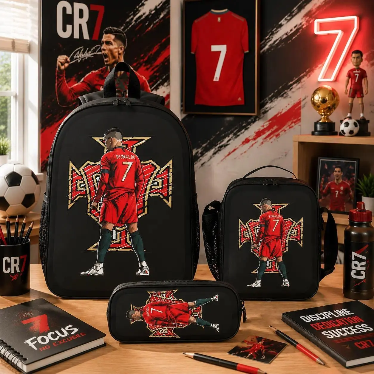 Boys' 17-Inch CR7 Print Streetwear Backpack Set - 3-Piece Lightweight Set with Backpack, Shoulder Bag, Pencil Case, A4 Size Fit, Multiple Pockets for School, Travel