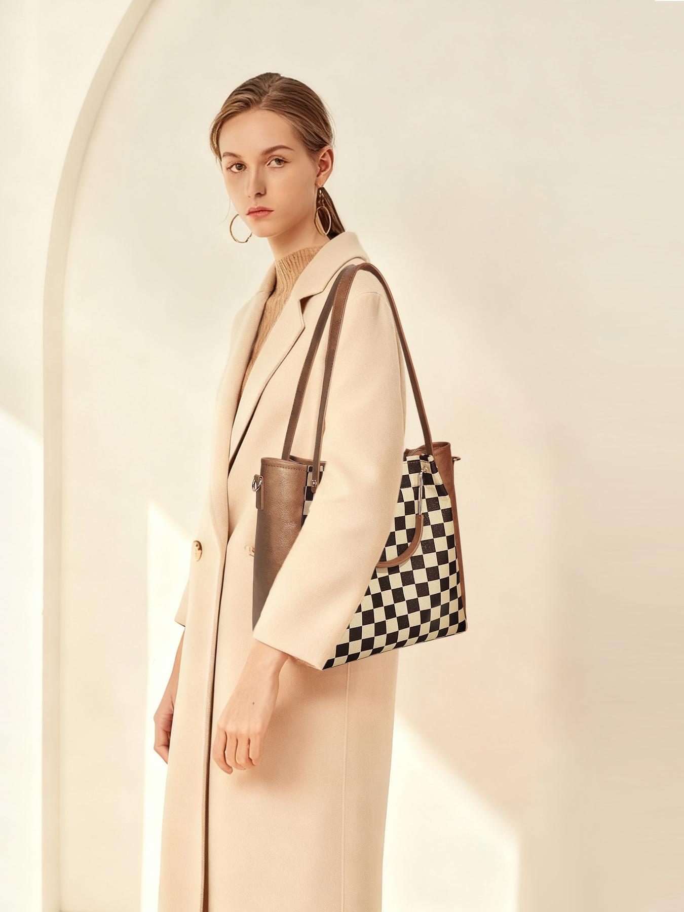 Women's Fashionable Checkered Handbag Set, Including Large Capacity Handbag & Crossbody Bag, Trendy Versatile Daily Commuting Bag Set