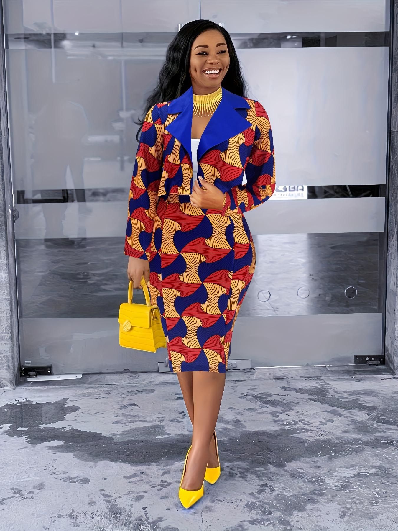 Women's Elegant Floral Blazer Jacket & Bodycon Skirt Set, Fitted Crop Top Outerwear, All Season Fashion