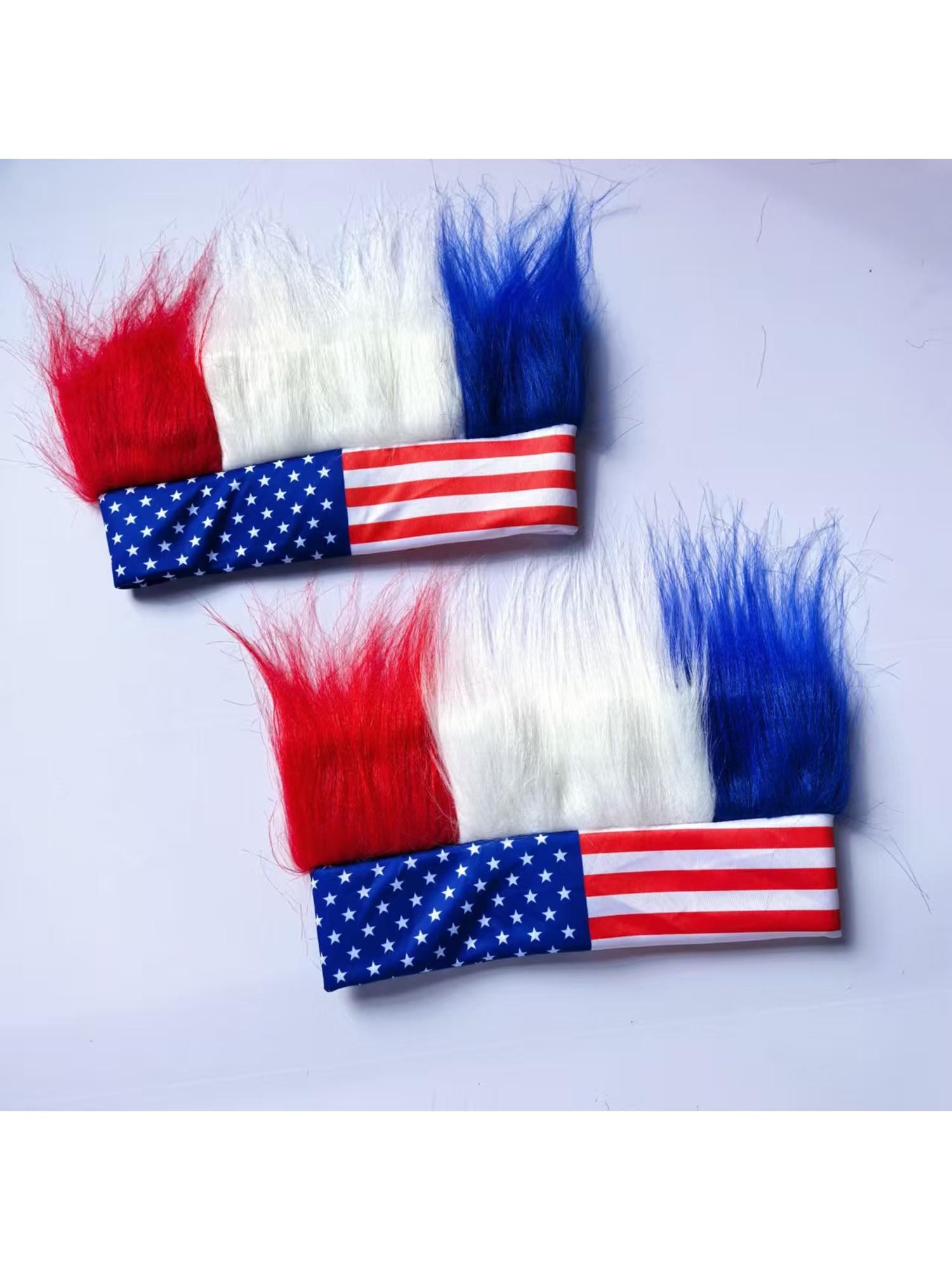 American Flag Fan Wig Hat Headband Independence Day Party Cheerleader Accessory, Patriotic Usa Hair Curl Straight Design, All Seasons Wear