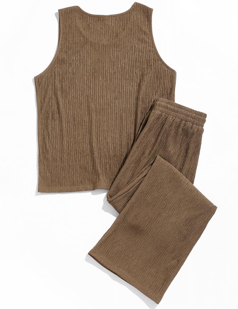 ZAFUL Men Solid Tank Top & Wide Leg Pants Men's 2 Piece Set Knitted Solid Sleeveless Scoop Neck Tank Top and Elastic Waist Wide Leg Pants