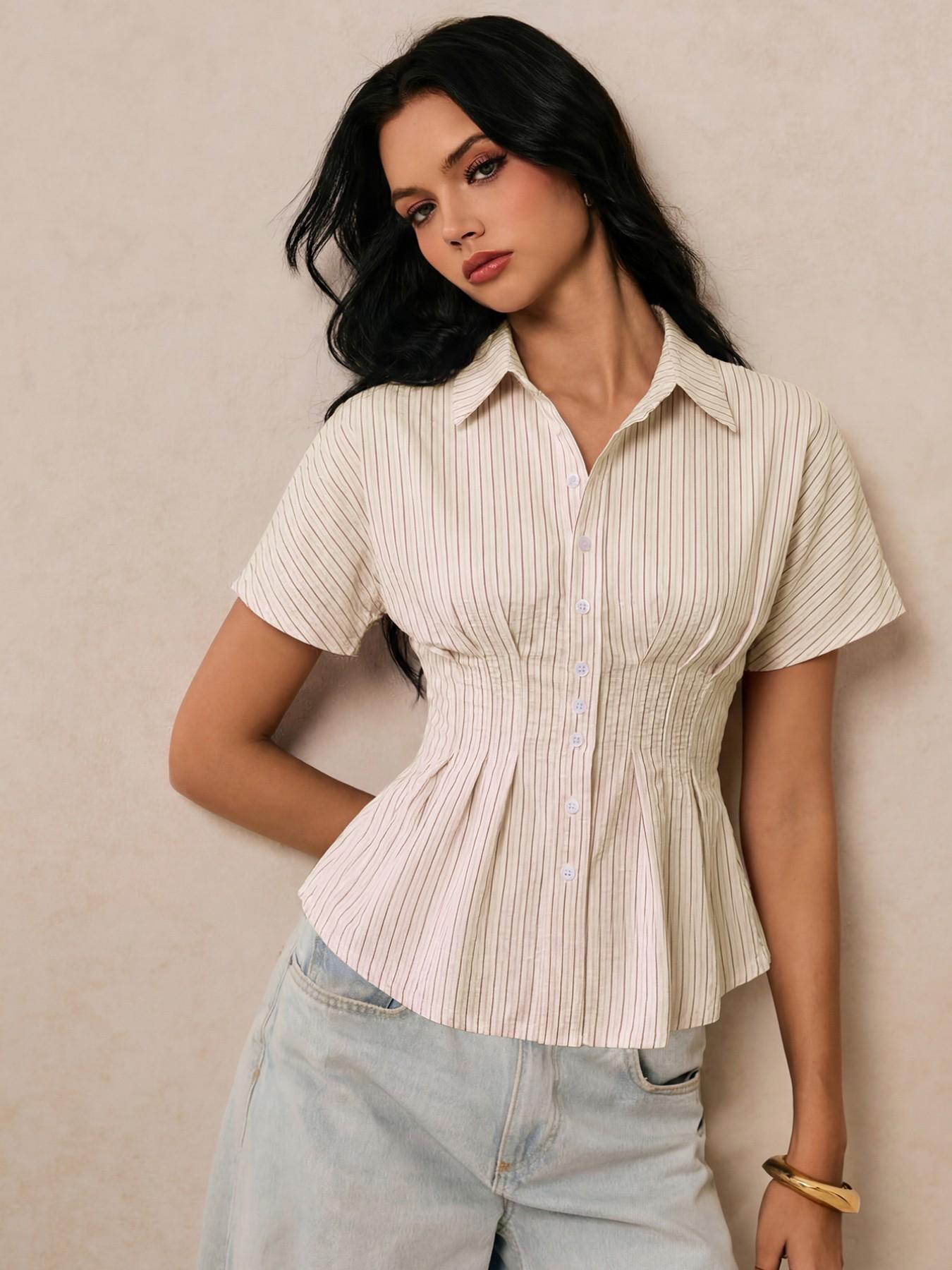 Women's Striped Aesthetic Shirt Blouse, Casual Short Batwing Sleeve Collar Top for Daily Wear, Ladies Clothes for Work Office Business Womenswear