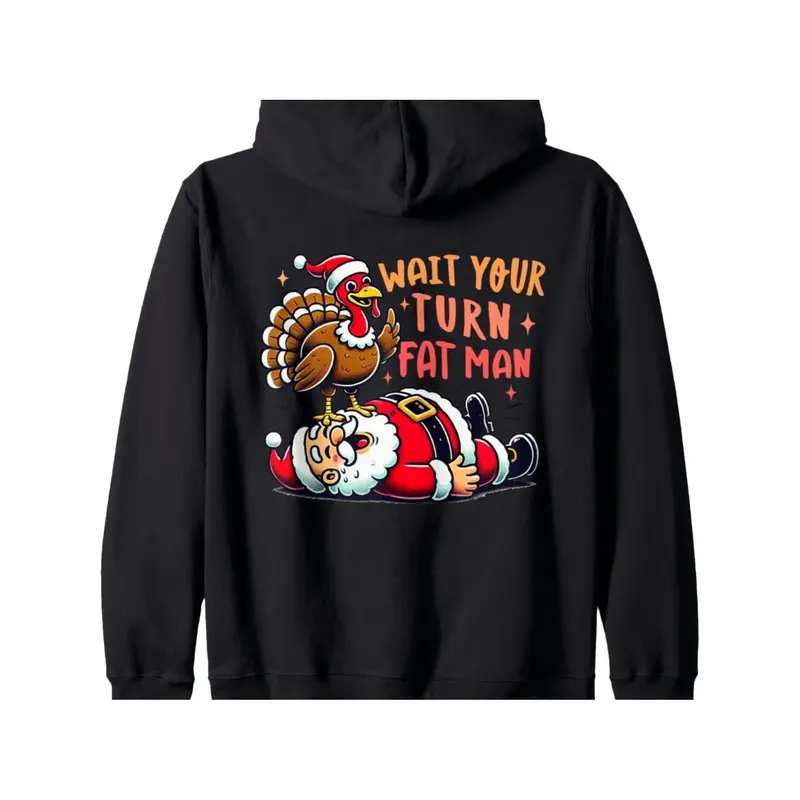 Oversized Unisex Funny Santa & Turkey Thanksgiving Christmas Pullover Hoodie, Kangaroo Pocket Warm Polyester‑Blend Sweatshirt, Ugly Christmas Sweater For Family & Couple Holiday Outfit