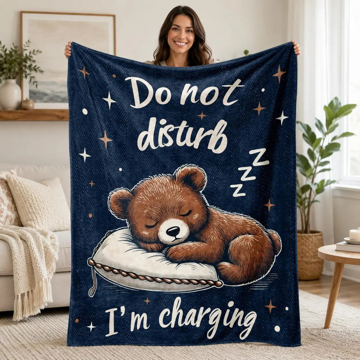 "Do Not Disturb I’m Charging" Sleeping Bear Blanket, Cute Cozy Animal Theme Flannel Blanket for Nap Lovers, Soft Warm Couch Bed Blanket, Funny Relaxing Gift for Women Men, Bedroom Sofa Home Decor
