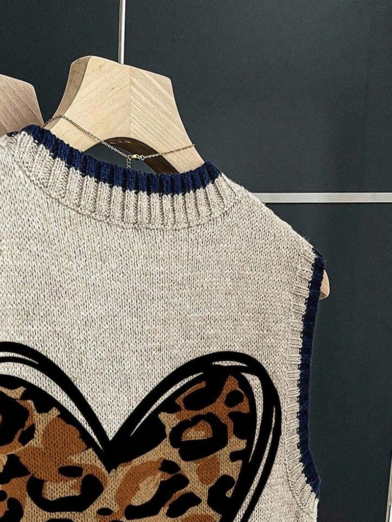 Women's Spring Summer Casual Loose Round Neck Sleeveless Knit Top, Deep Blue Contrast Binding Heart Leopard Print, Outerwear & Layering