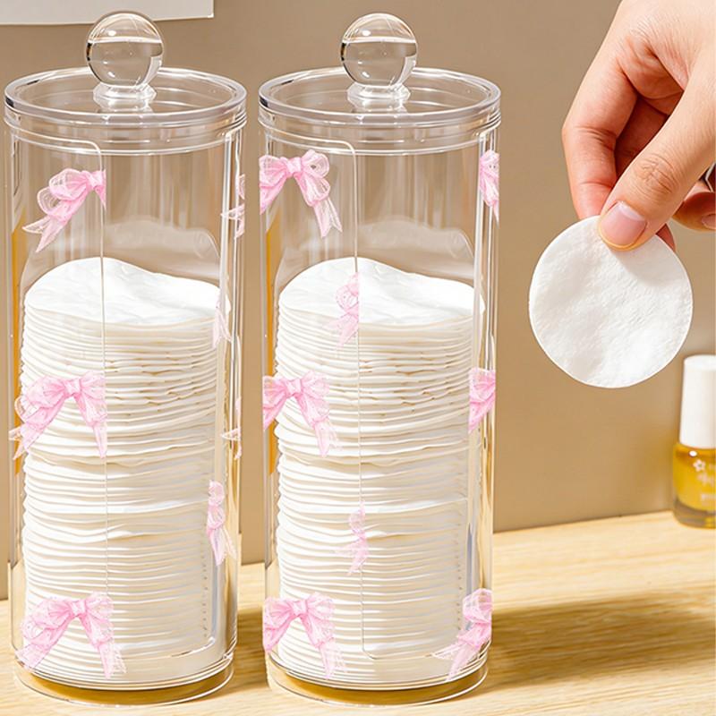 Bow Pattern Transparent Cotton Pad Box, Cylindrical Large Capacity Storage, Washable & Easy to Clean, Ideal for Beauty Tools, Plastic Canister Jar