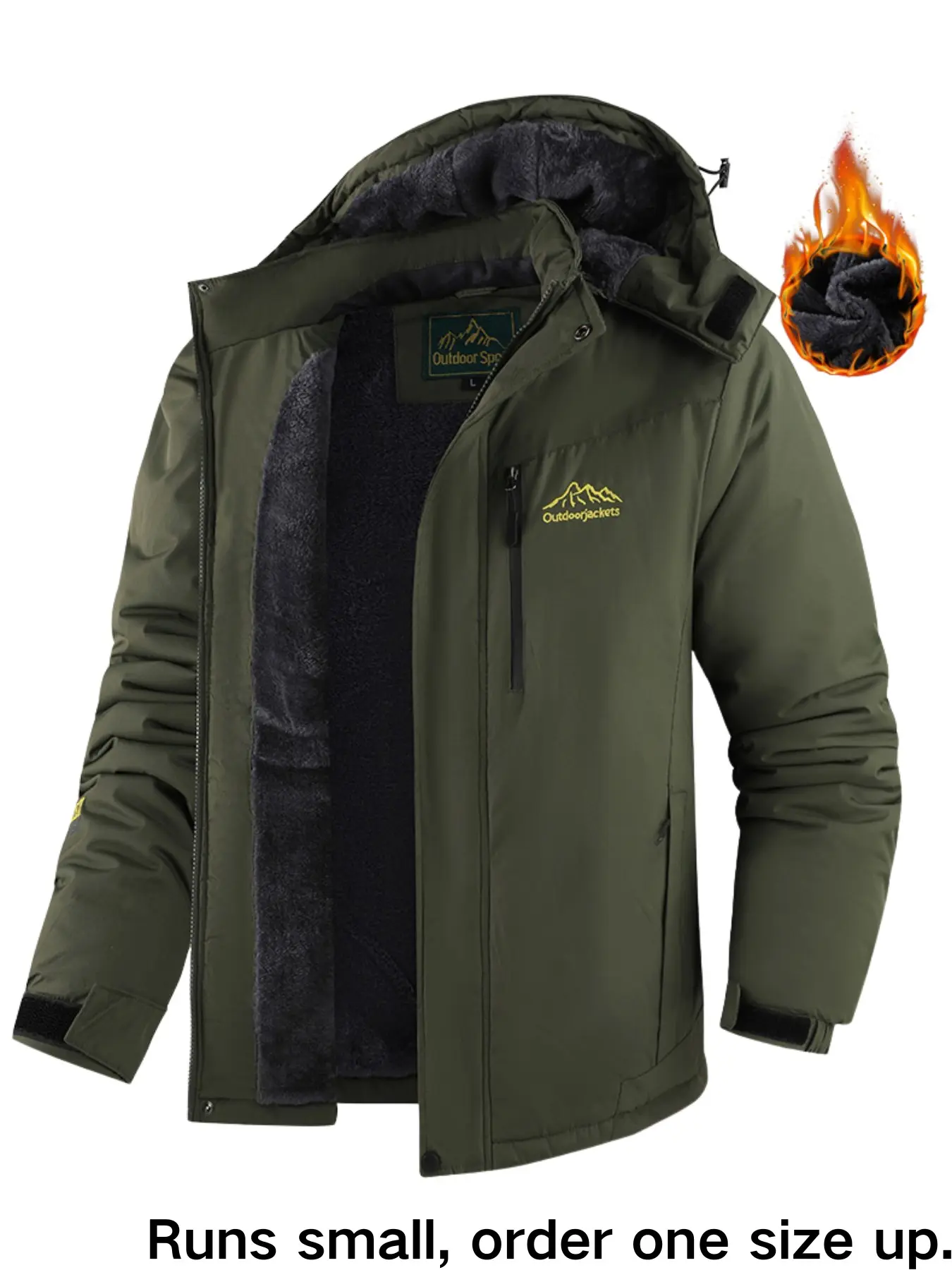 Men's Thickened Windproof Warm Fishing Hiking Cycling Jacket, Detachable Hood, Waterproof, Fleece Lined, Fall Winter Outerwear Size runs small, order one size up