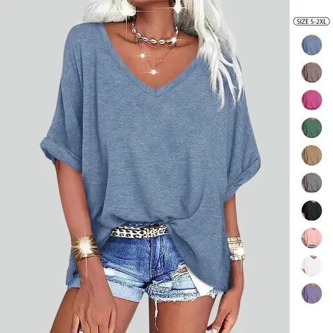 Imily Bela Women's Oversized T Shirts V Neck Short Sleeve Summer Casual Loose Tops Tees Tshirt Elastic Basic Womenswear
