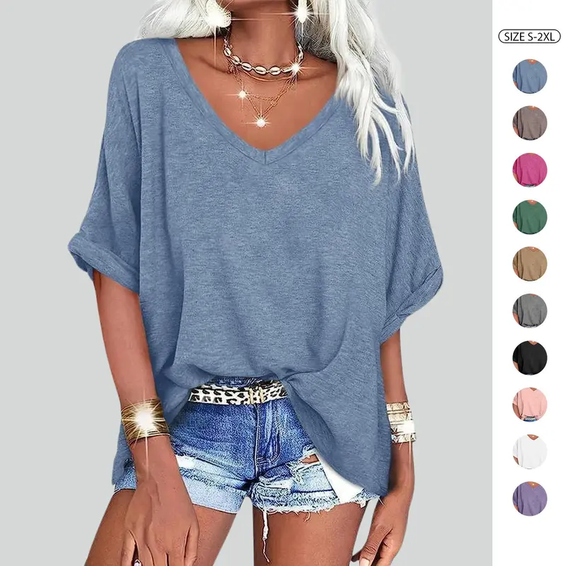 Imily Bela Women's Oversized T Shirts V Neck Short Sleeve Summer Casual Loose Tops Tees Tshirt Elastic Basic Womenswear