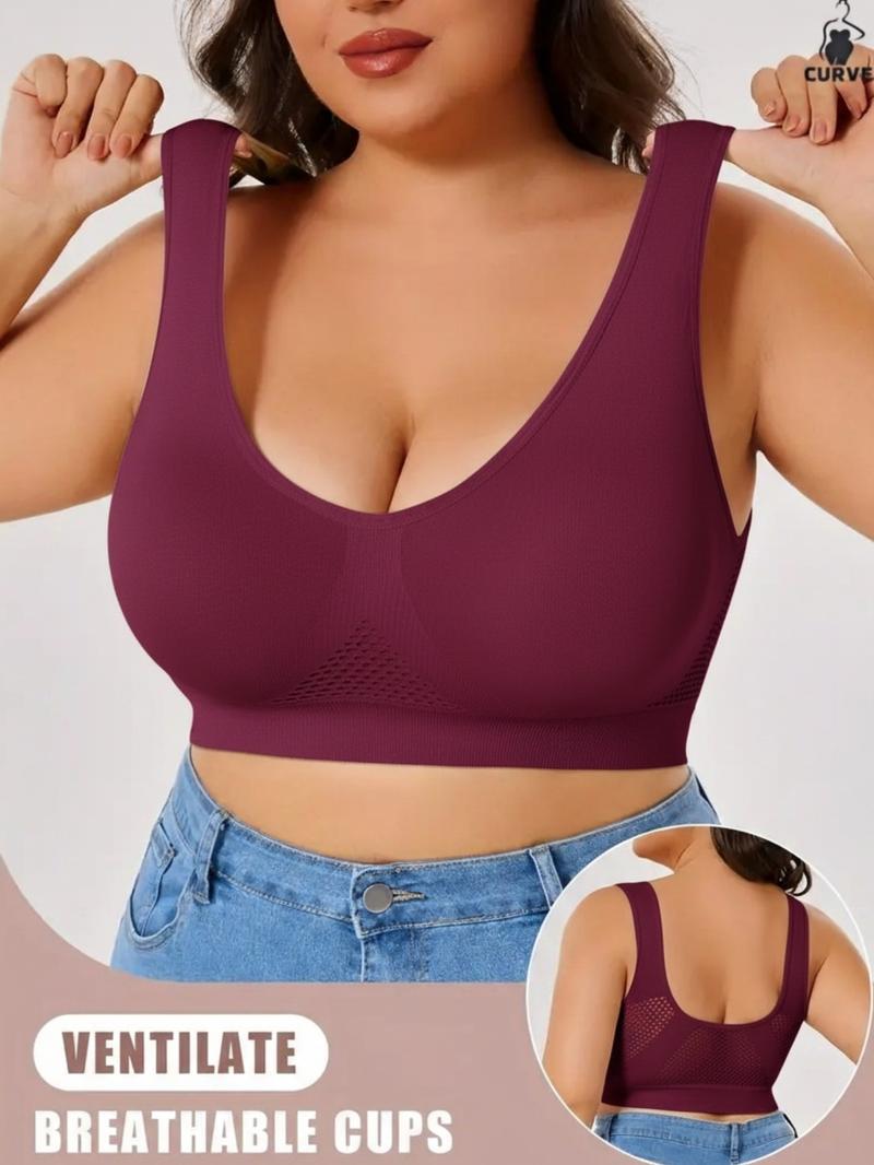 Plus Size Women's Seamless Wireless&Comfort Bra, Backless Mesh Crop Top, Casual Wearable Underwear,Soft and  Breathable Bra,No Padding,Every day Wear,All seasons