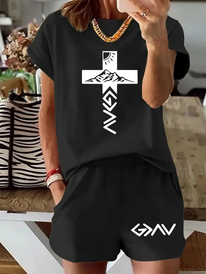 Cross Mountain Scene Spring Summer Casual Set, Faith Element Natural Landscape Design, Light Trendy Relaxed Fit Women's Clothing Cross Mountain Scene Spring Summer Casual Set, Faith Element Natural Landscape Design, Light Trendy Relaxed Fit Women's Clothing