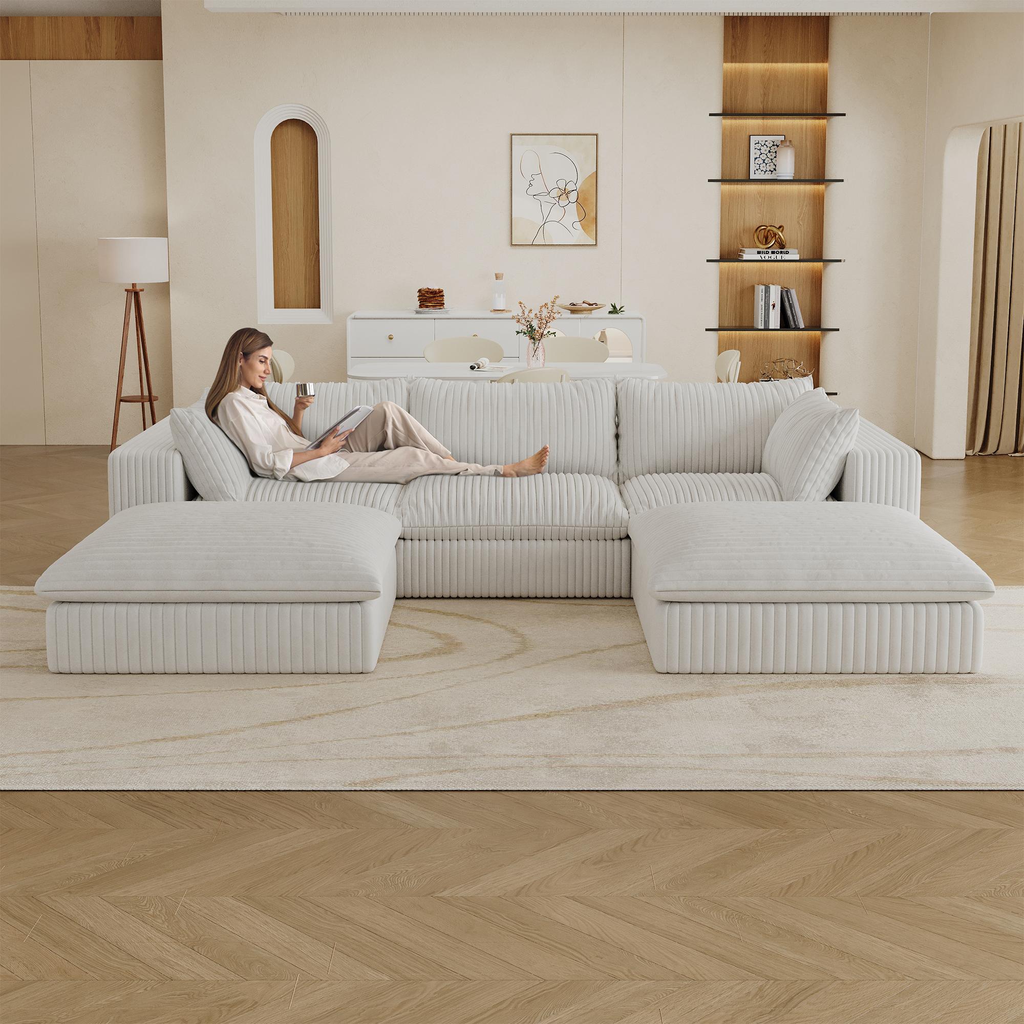 118" Corduroy Modular Sectional Sofa Couch, Oversized 3-Seater Cloud Boneless Couches with Removable Cushion & 2 Ottoman, No Assembly Required, U Shape Deep-Seat Fluffy Couches for Living Room, Compression, Free Combination, Throw Pillow, Luxurious