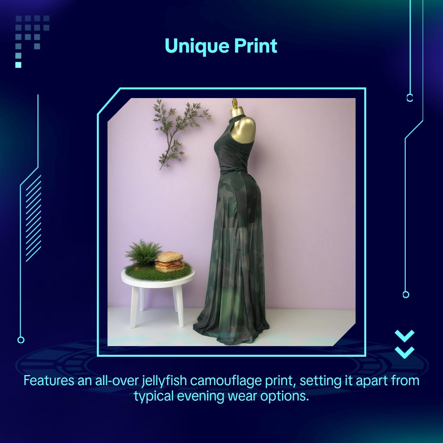 PULKRITU Women's O-Neck Sleeveless Stacked A-line Maxi Dress, Autumn Party Gown, Beach Sexy Evening Dress, Printed Long Dress for Birthdays, Jellyfish Camouflage Printed with Sashes Big Swing Mock Neck Floor Length Dresses, Education Holiday Long Dresses