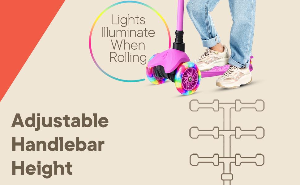 Pink Mini 3 Wheel Scooter for Kids – Lean-to-Steer with LED Light-Up Wheels, Adjustable Handlebar, Wide Anti-Slip Deck, Smooth PU Wheels, Rear Foot Brake – Toddler Scooter for Ages 2+