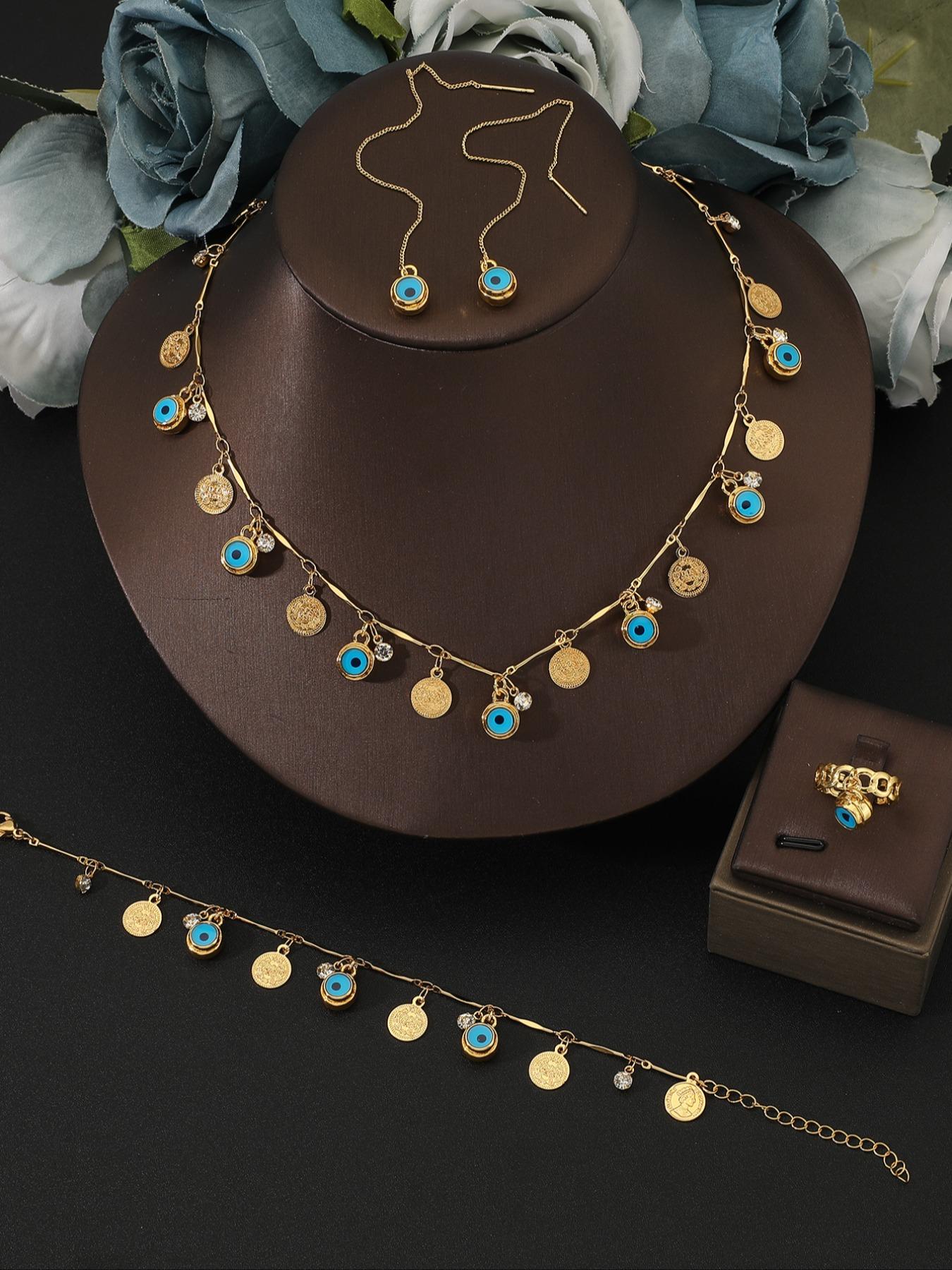 Unique Design Evil Eye Gold Coin Bell Jewelry Set, Bohemian Style Necklace Bracelet, Personalized Accessories, Four Pieces