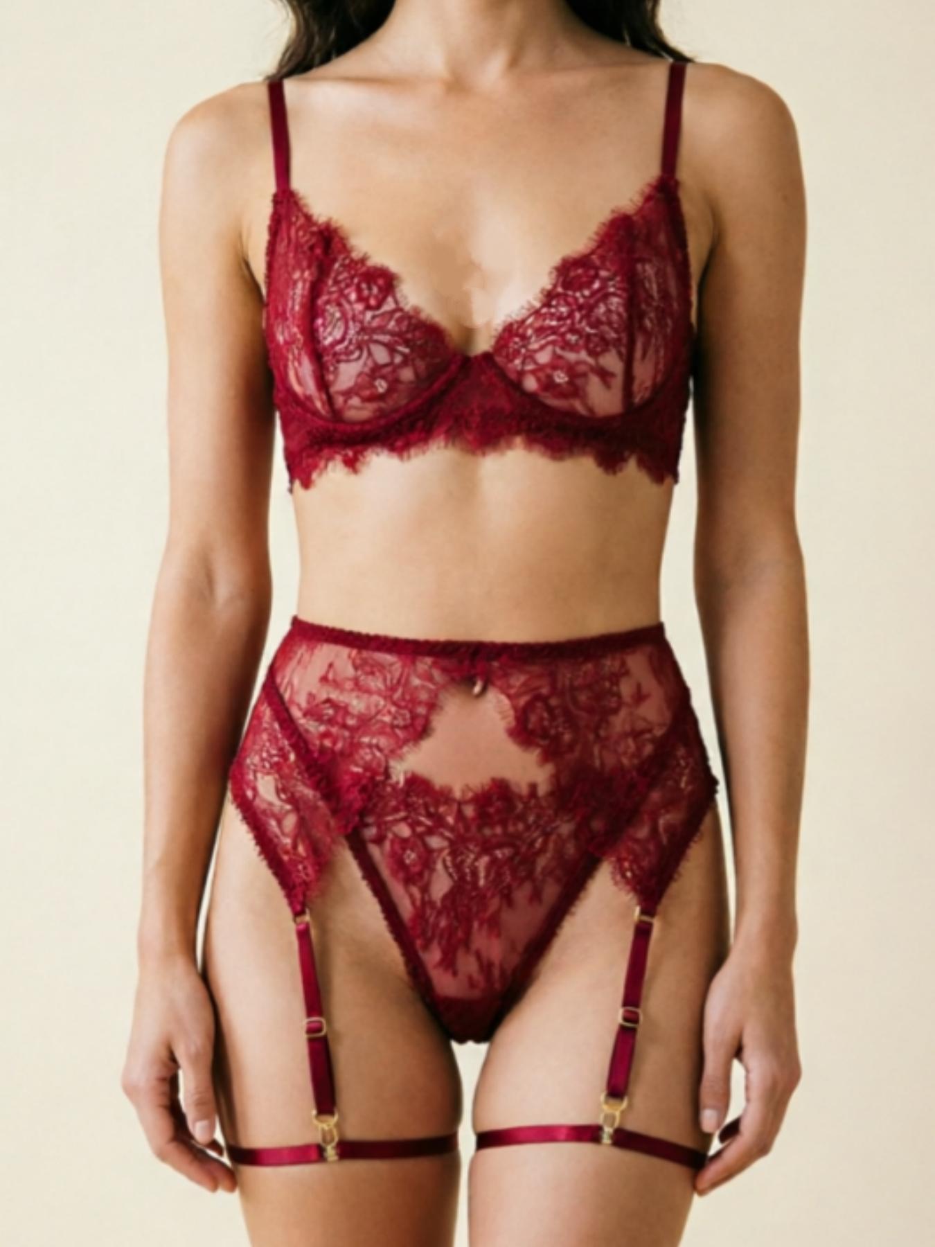 Lovingerie Eyelash Lace Lingerie Set For Women, Strappy Underwire Bra With Sheer Cups, Adjustable Garter Belt, Matching Thong Panty And Leg Garters, Seductive Boudoir Outfit, Curves Flattering Nightwear Sleepwear.Perfectly Highlights Your Feminine Charm.