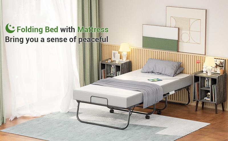 Homieasy Folding Bed with Mattress for Adults, Portable Rollaway Guest Bed, Cot Size Foldable Bed with 5 Inch Memory Foam Mattress and Metal Frame, Roll Away Bed Storage Cover Included, 75 x 31 Inch