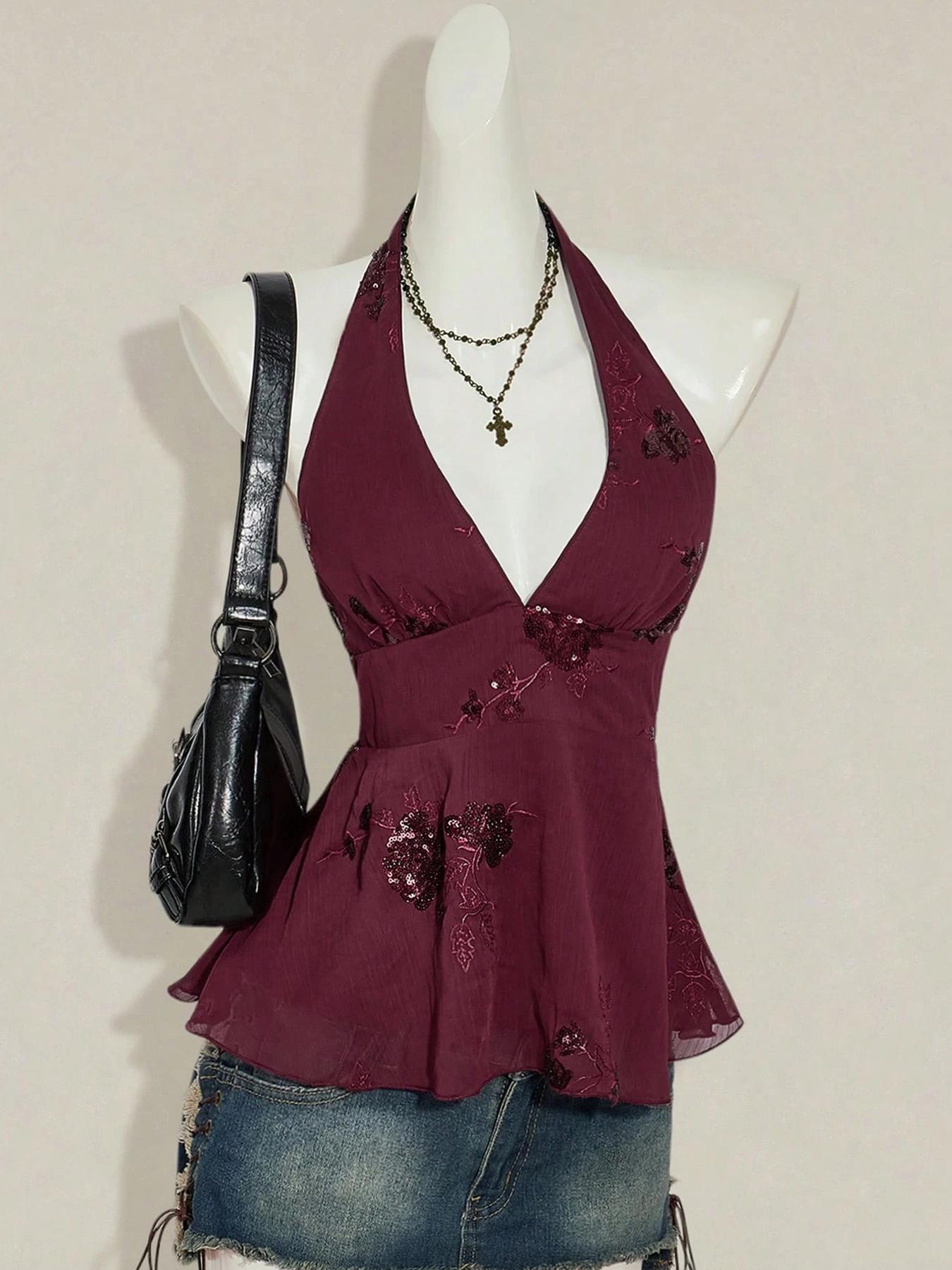 1 Piece Beaded Halter Tank Top | Euro-American Retro Vibe | Deep V Design + Sequin Beading | Elegant Pick for Dinner Parties / Wedding Guests