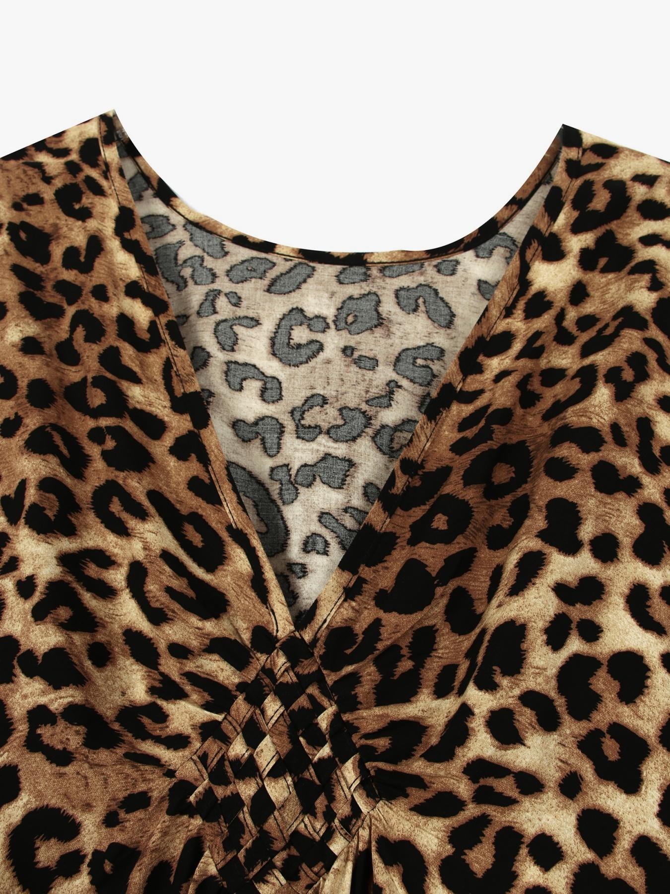 Women's Leopard Print Batwing Sleeve Split Hem Kaftan Dress, Casual Modest Style V-Neck 3/4 Sleeve Long Dress for Fall & Winter, Women's Islamic Clothing for Daily Wear
