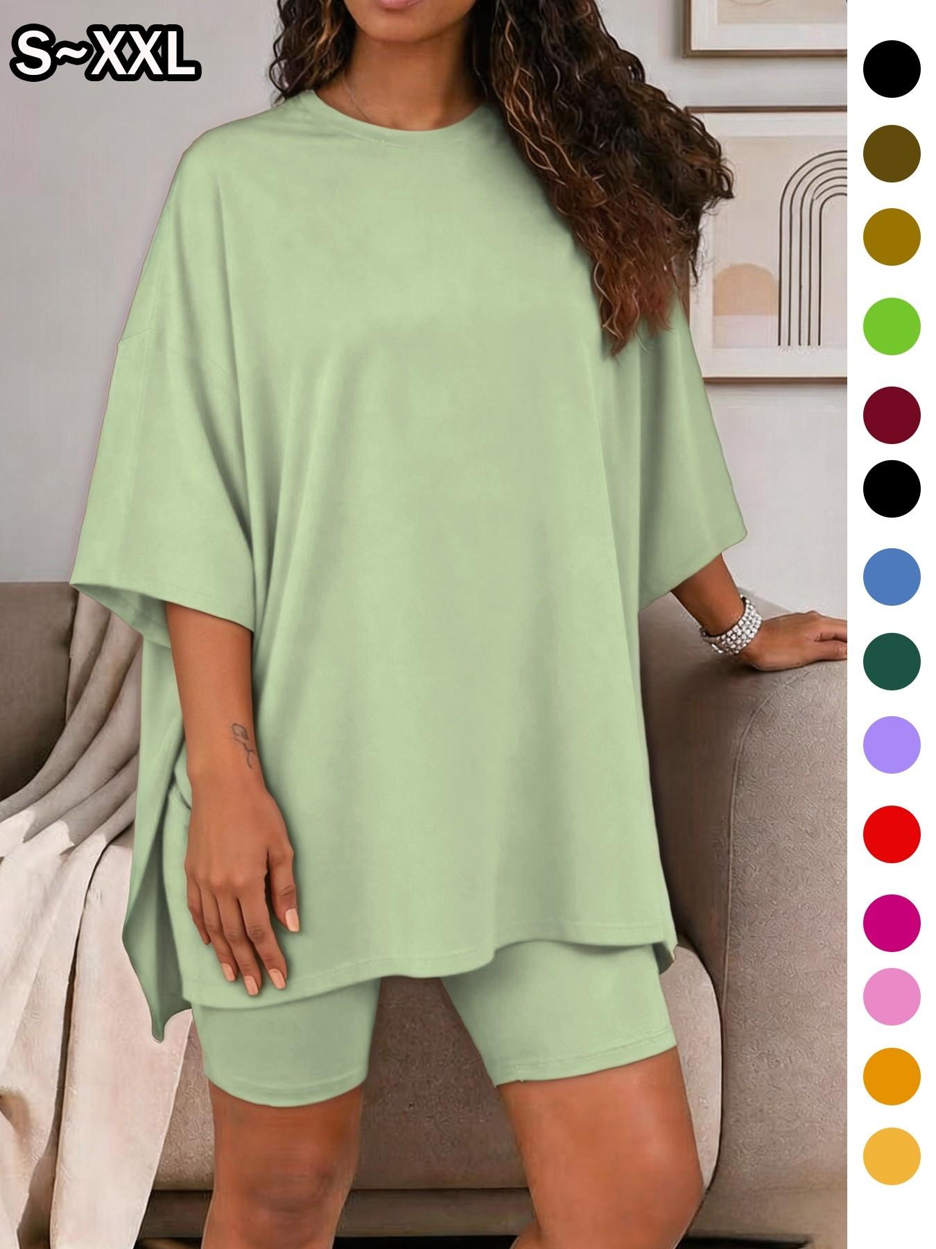 Women's Solid Color T-Shirt and Tight Shorts Set Loungewear, Summer Comfort Round Neck Pajamas, Casual Pocket Design, Suitable for Outdoor Wear