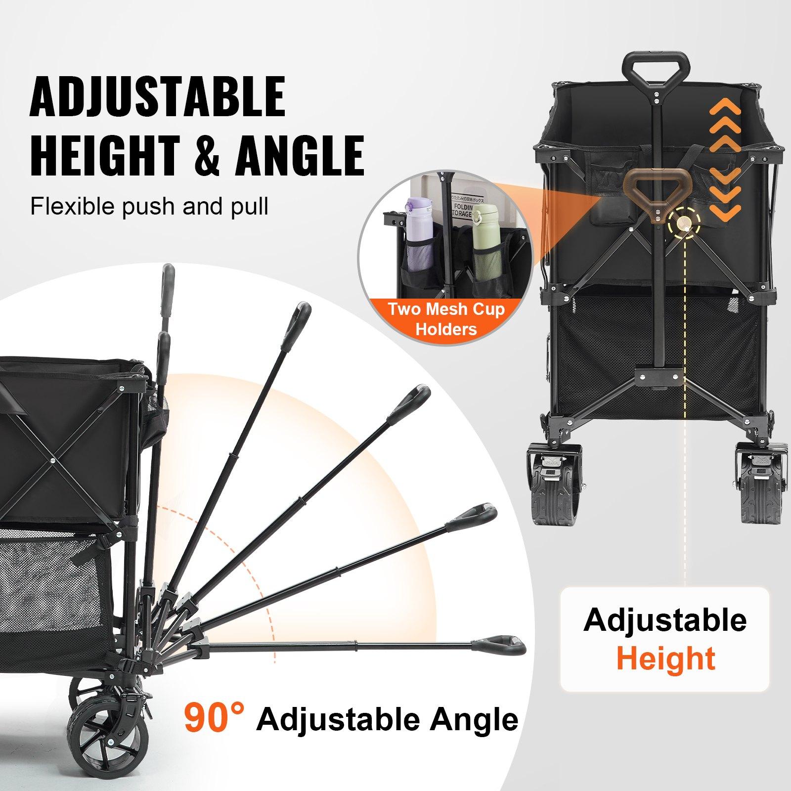 VEVOR Foldable Double Decker Wagon, 400L Collapsible Wagon Cart with All-Terrain Wheels, Heavy Duty Folding Wagon Cart 350-450 lbs Weight Capacity for Camping, Shopping, Garden, 52 Extra Long Extender