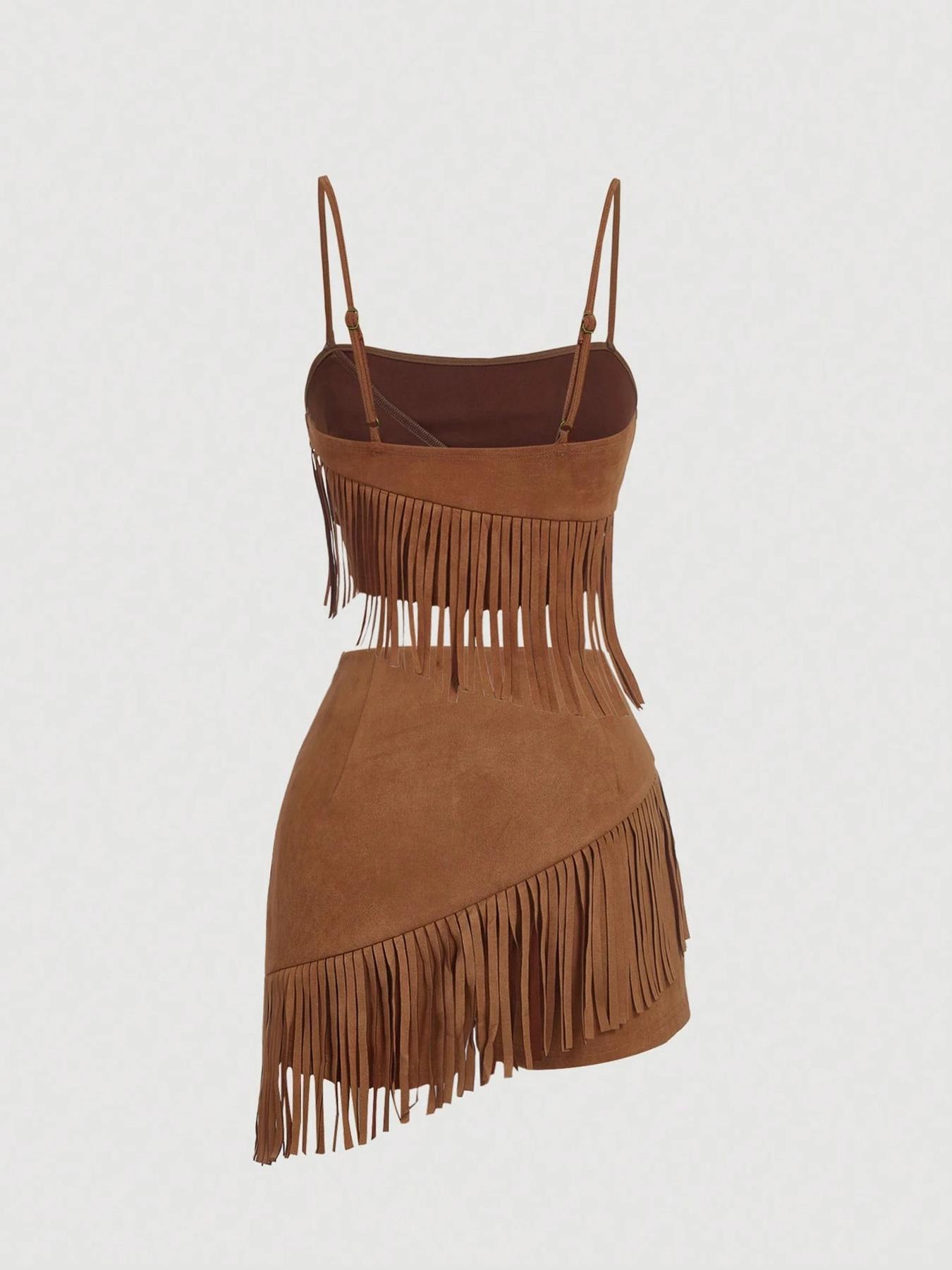 Adjustable Strap Fringe Outfit - Western Baddie Spaghetti Strap Cami & Skirt Matching Set