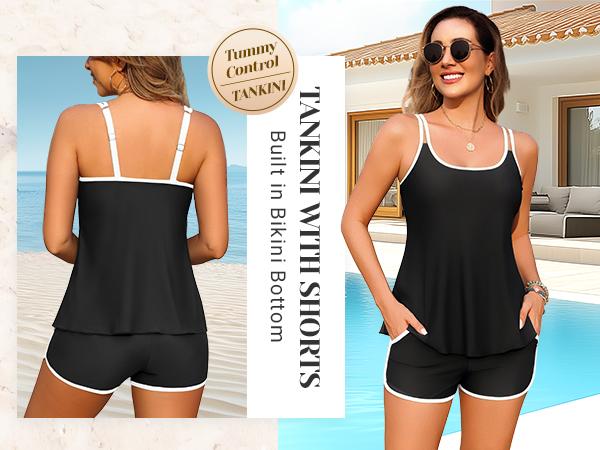 Tempt Me Tankini Swimsuits with Shorts - Two Piece Tummy Control Flowy Bathing Suits Top with Two Pockets Boy Shorts