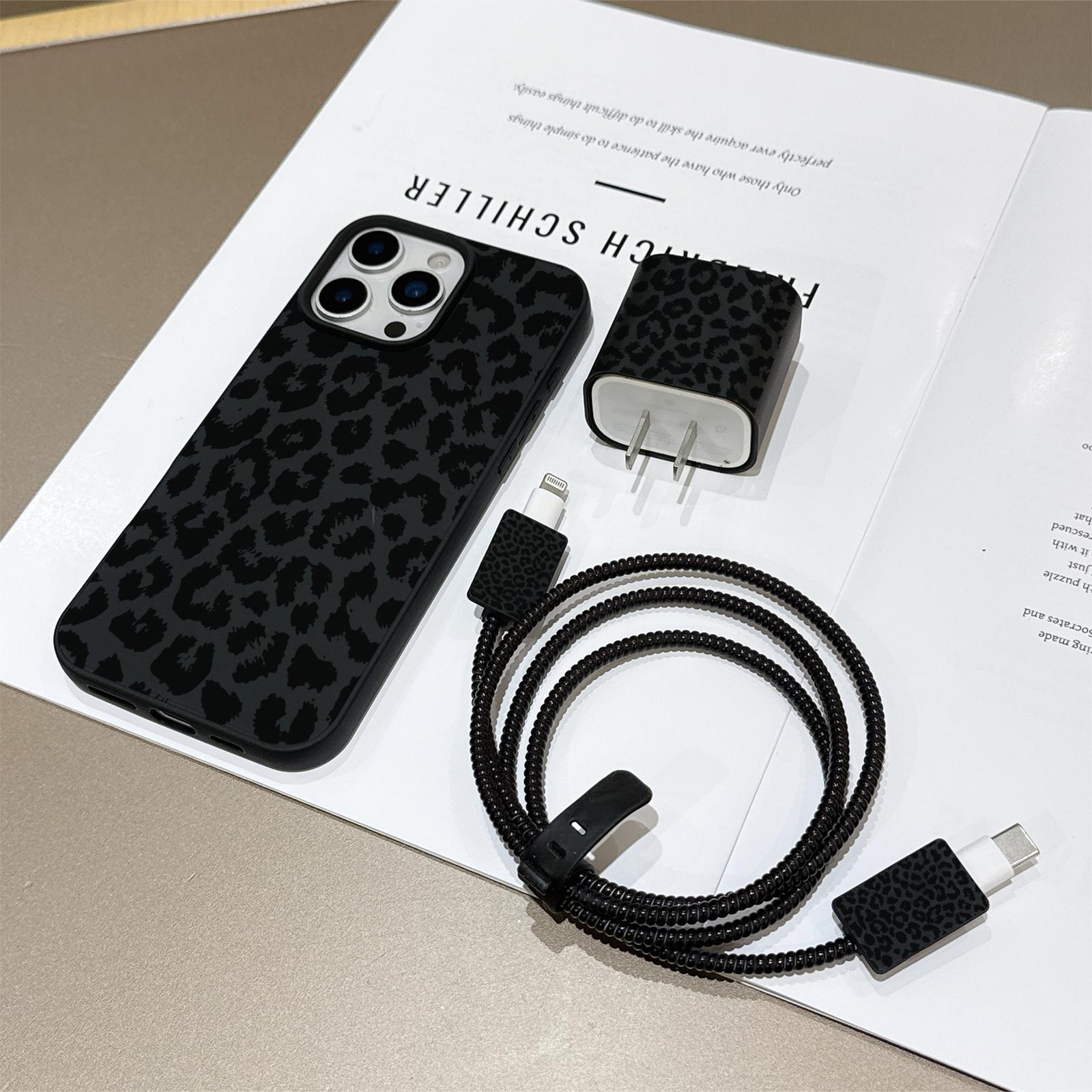 6 Piece Set Liquid Leopard Print Phone Case, Charger Head Cover, Cable Protector, Storage Rope, Data Line Protection, Cable Organizers, Accessories for iPhone 15/16 Series