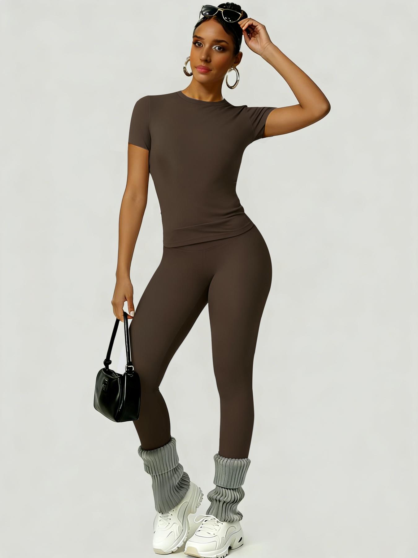 Women's Slim-Fit Round Neck Short Sleeves Top & High-Waisted Yoga Pants Sportswear Set, Ideal for Gym Running and Outdoor Activities