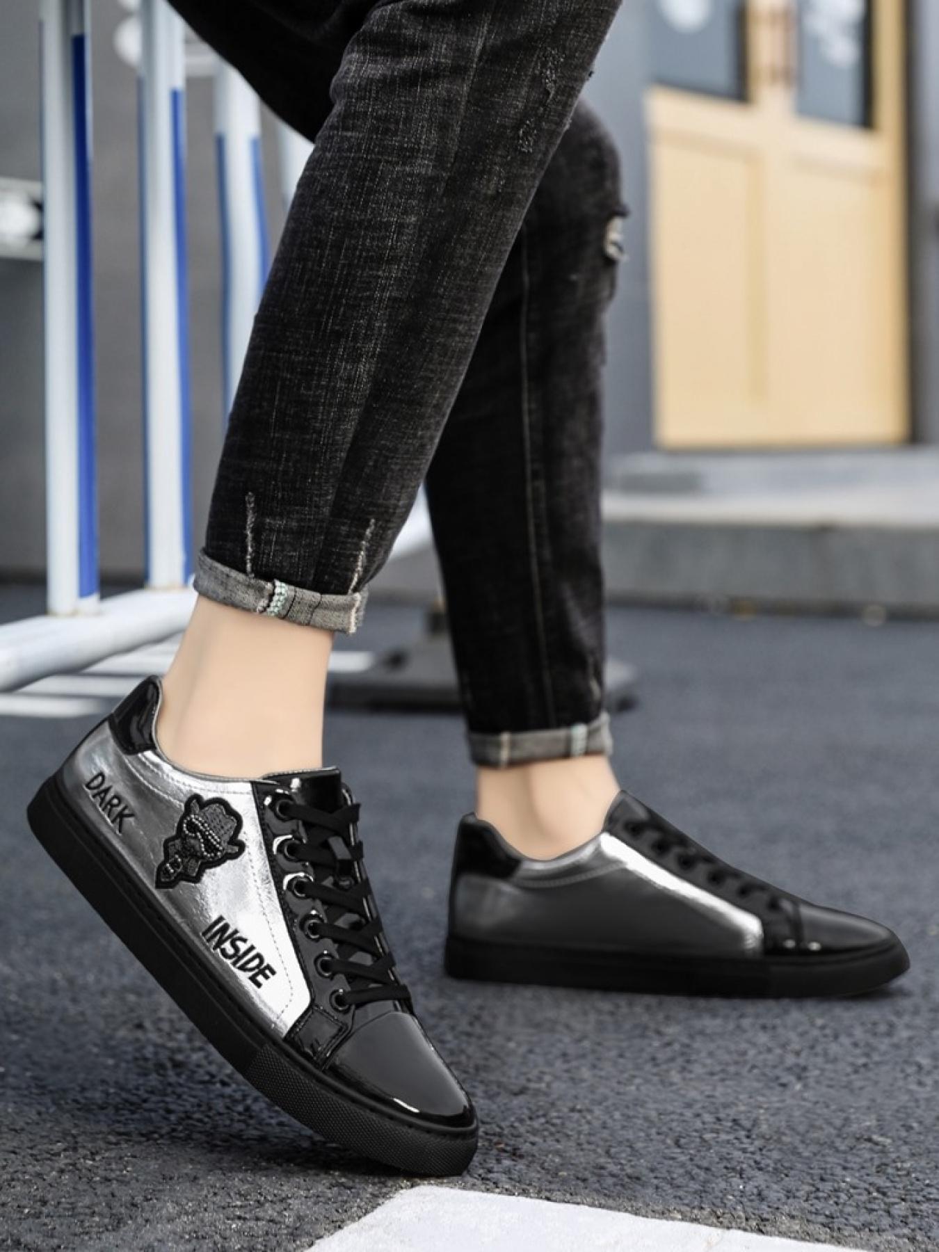 Unisex Black-Silver Color-Block Casual Sneakers: Glossy Design + Hot-Diamond Decoration, Daily Street Trendy Shoes