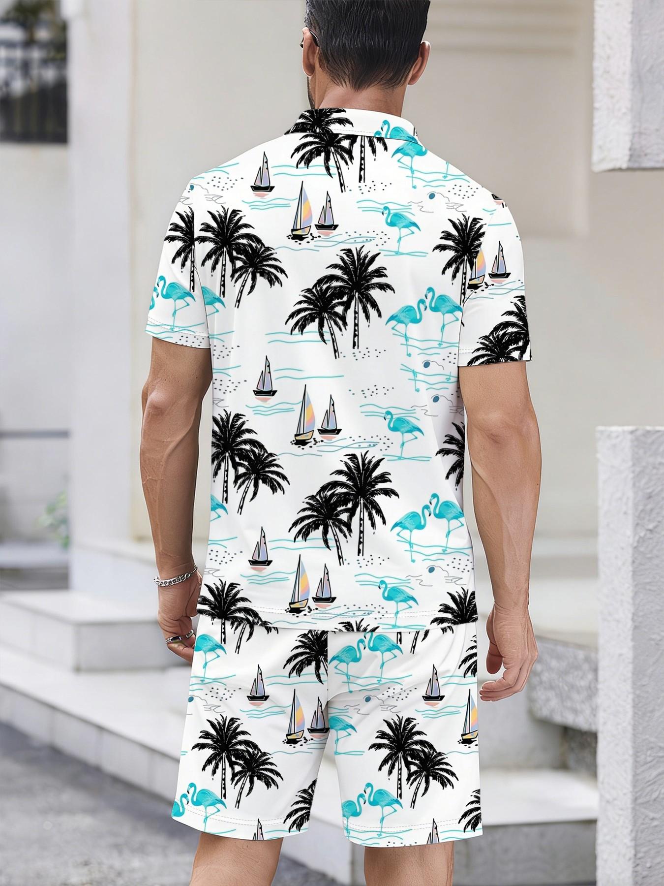 Summer New Men's Polo Shirt Set, Flamingo Palm Tree Sailboat Print, Short Sleeve Shorts Two-Piece Set, Hawaiian Vacation Style