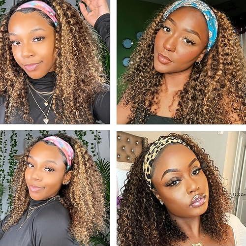 Highlight 4/27 Deep Curly Headband Wig Human Hair Glueless None Lace Wigs 180% Density Scarf Wig No Gel No Glue Full Machine Made Human Hair Wigs Wear And Go Curly Wigs for Women