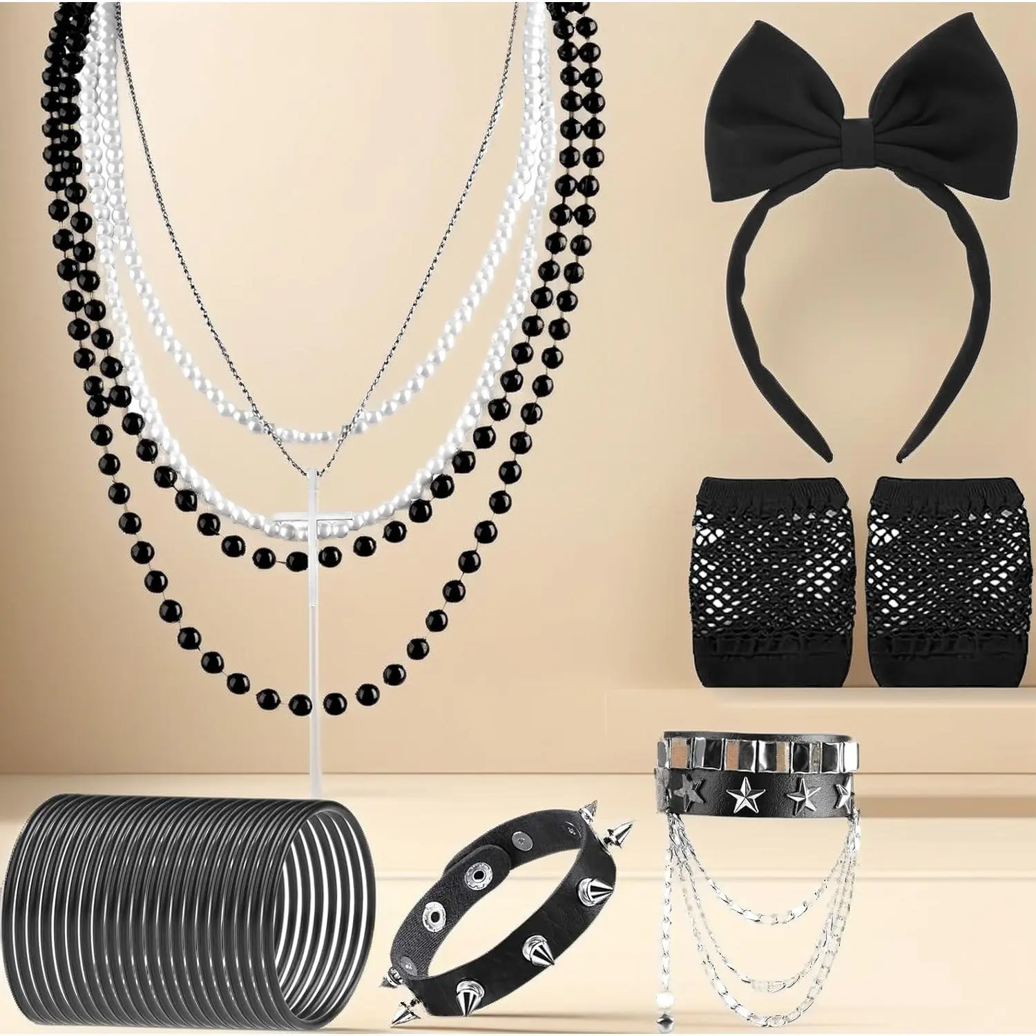 80s Costume Accessories Set for Women – Punk Fancy Dress Kit with Lace Headband, Fishnet Gloves, Earrings, Necklace & Bracelet