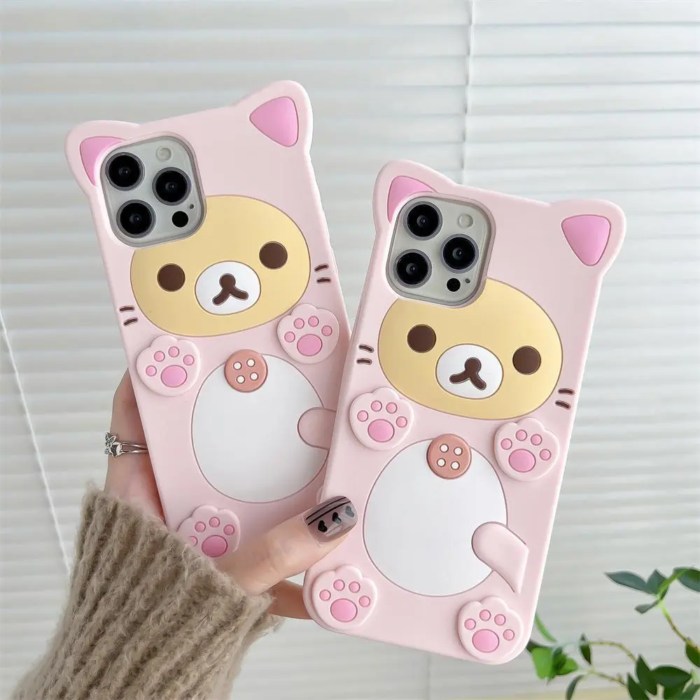 Cute Rilakkuma Bear & Kawaii Cat Silicone Soft Case for iPhone 17 Pro Max, 16, 15, 14, 13, 12 Mini, 11 Pro Max, Xs, XR, 6, 7, 8 Plus, SE - Smartphone, Cellphone, Handheld Device Protection Cover, Devices