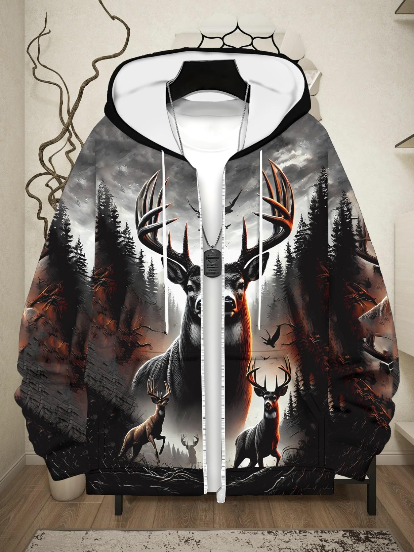 Vintage Wild Forest Reindeer Print Sweatshirt, Drawstring Zipper Hoodie, American Motorcycle Street Style, Loose Fit Long Sleeve Top