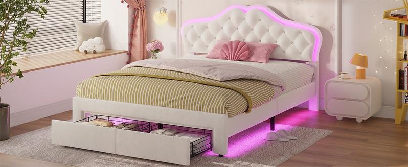Sikaic Full Size Velvet Princess Platform RGB LED Bed with Storage Drawers and Adjustable Crystal Button Headboard Creamy Furniture Luxury Design Cute