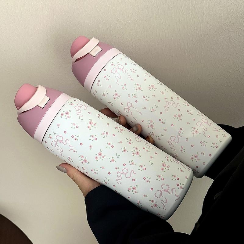 1pc Floral Pattern Insulated Double Wall Stainless Steel Sports Bottle, 24oz-32oz-40oz Sizes, Travel Cup with Straw Design for Gym School Travel, Thermo Tumbler, Insulated Water Bottle