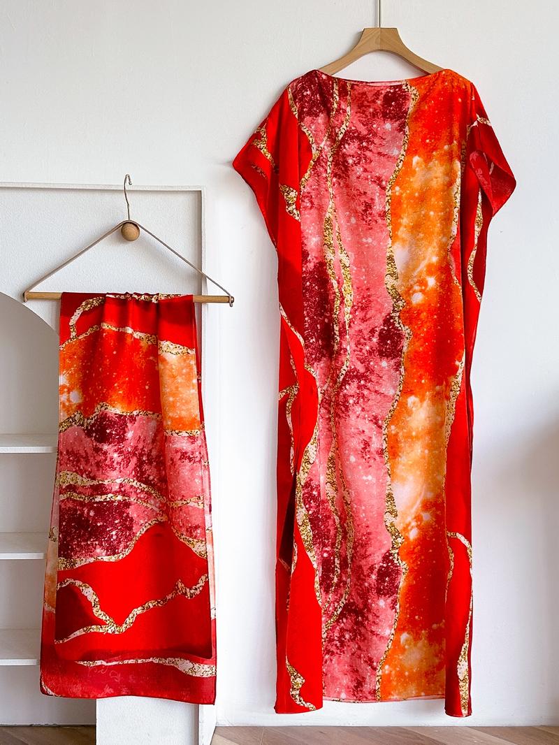 Women's Colorblock Print Long Scarf & Poncho Set, Casual Soft Comfortable Shawl for Beach Vacation, Fashion Accessories for Women & Girls